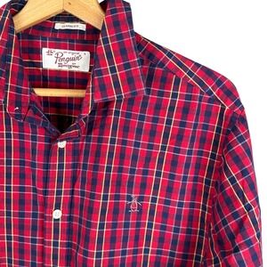 Original Penguin Mens Classic Fit Plaid Button Down Shirt Red Navy Blue Long Slv